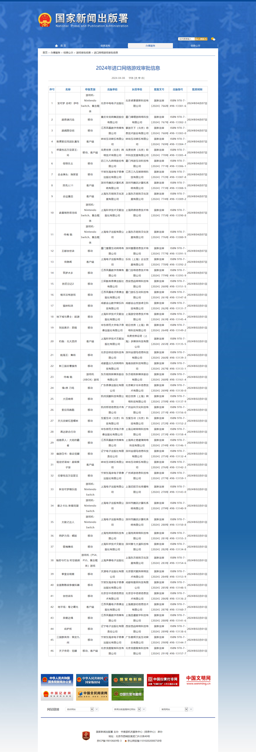 2024年4月进口游戏过审公布